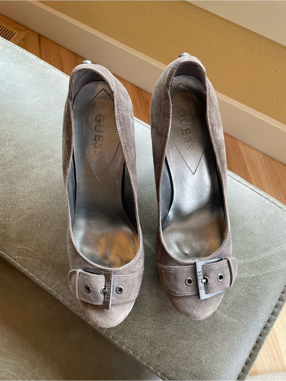 Guess Taupe Suede Peep-Toe Pumps with Buckle